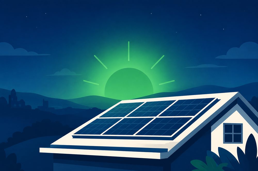 Rooftop solar panels installed at dusk, glowing green sunrise in the background